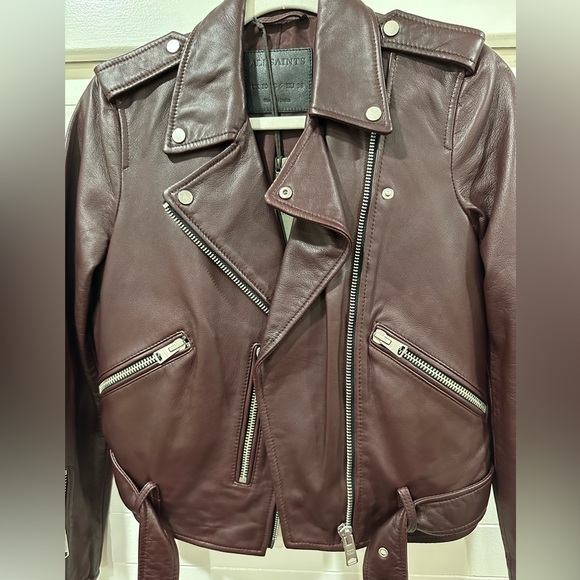 All Saints Balfern Biker Leather Jacket in Deep Berry - Picture 12 of 15